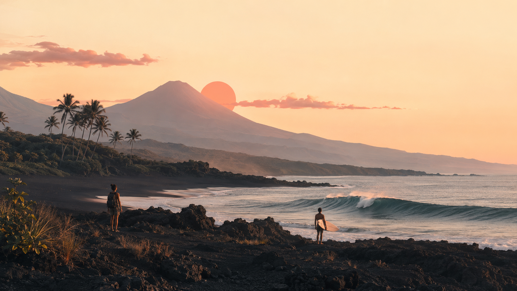 Surfer and hiker overlooking a black-sand coast at sunset