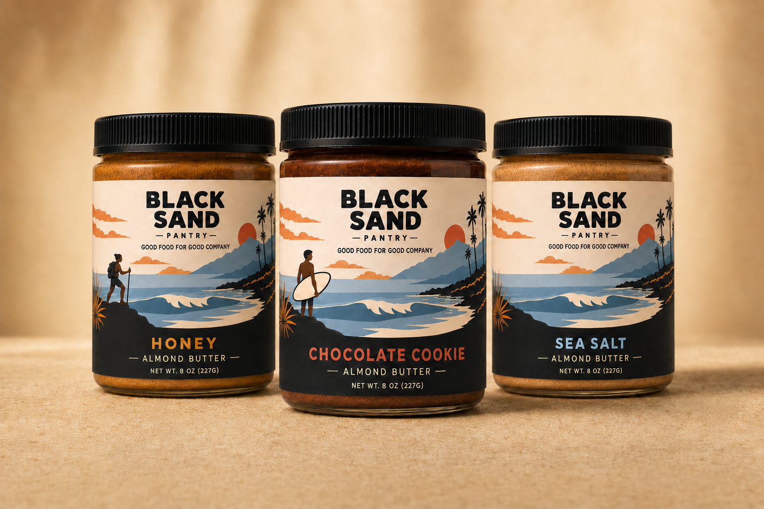 Chocolate Cookie, Honey, and Sea Salt Black Sand Pantry almond butter jars